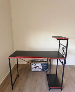 Gaming Desk with LED Lights & Monitor Shelf - Black/Red Carbon Fiber⁠