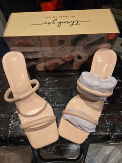 Nude Double Strap Square Toe Heeled Sandals