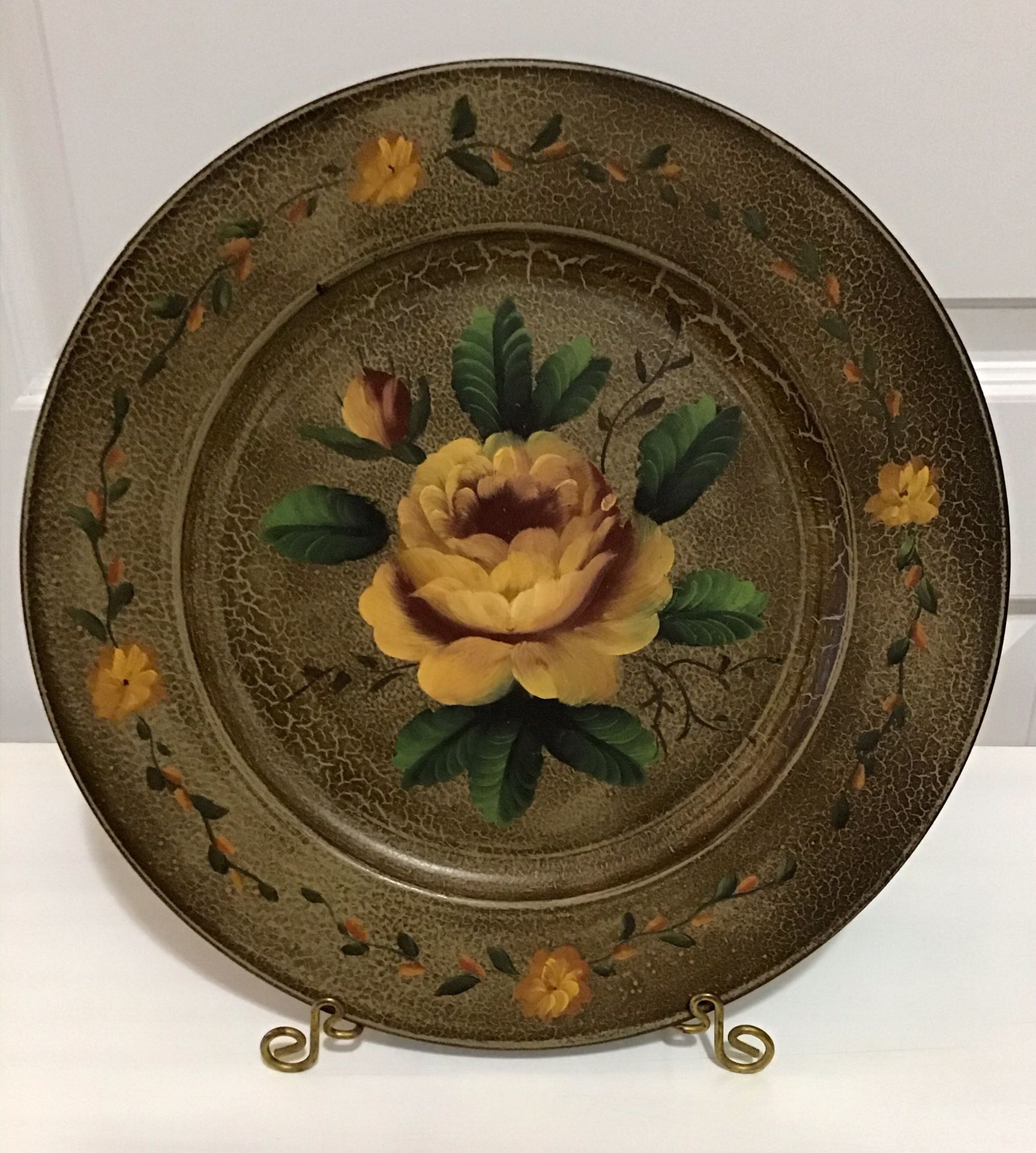 Antique Hand Painted Textured Floral Thick Vinyl Round Platter