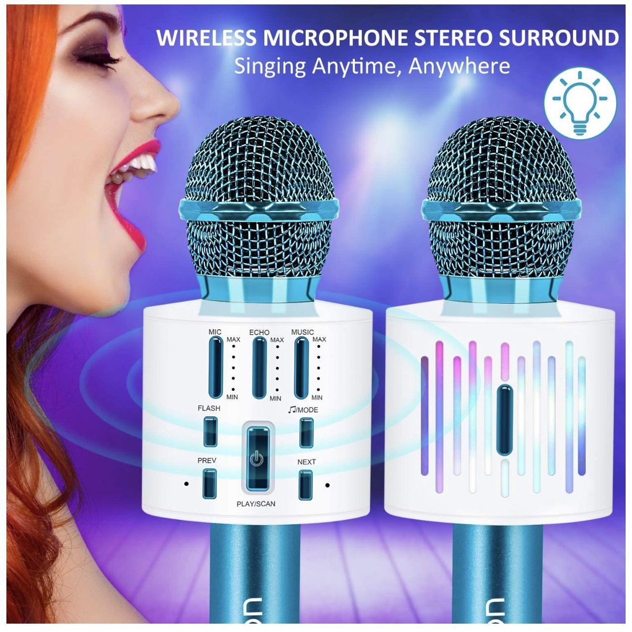 Wireless Karaoke Microphone, Bluetooth Microphone with LED Lights, 3 in 1 Portable Handheld Speaker Machine for Kids & Adults, Karaoke Microphone for