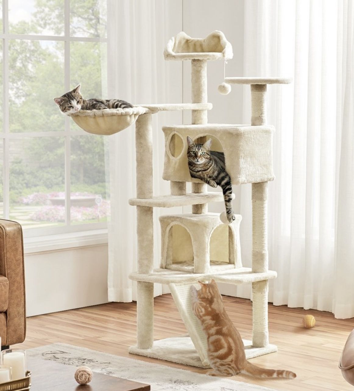 57-in Plush Cat Tree & Condo, Beige