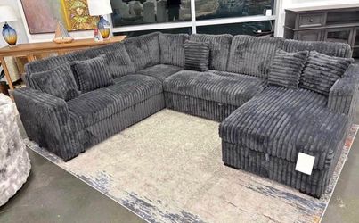 NEW IN BOX Dark Grey Sectional With USB Charging Ports & STORAGE CHAISE & Pull out Bed Finance $54 down pmt