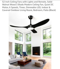 52 Inch Ceiling Fans with Lights and Remote, Solid Walnut Wood 3 Blade Modern Ceiling Fan, Quiet DC Motor, 6 Speeds, Timer, Dimmable LED, Indoor & Cov