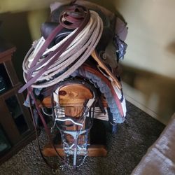 Horse saddle and bridles and spurs for boots