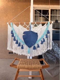 Large Handmade Boho Macramé Wall Hanging | Blue & Cream Woven Fiber Art