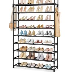 9 Tiers Tall Shoe Rack 45 Pairs Large Capacity Shoe Organizer Metal Shoe Storage Shelf with Two Hooks Space Saving Wide Shoe Rack for Closet, Entryway