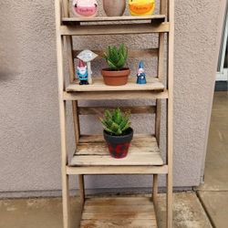 Plant stand, potted plants, and gnomes