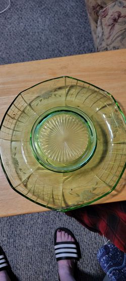 Green depression glass serving dish