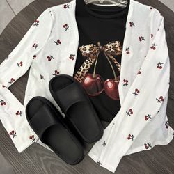 Black Slides, T-shirt, Cardigan Set 