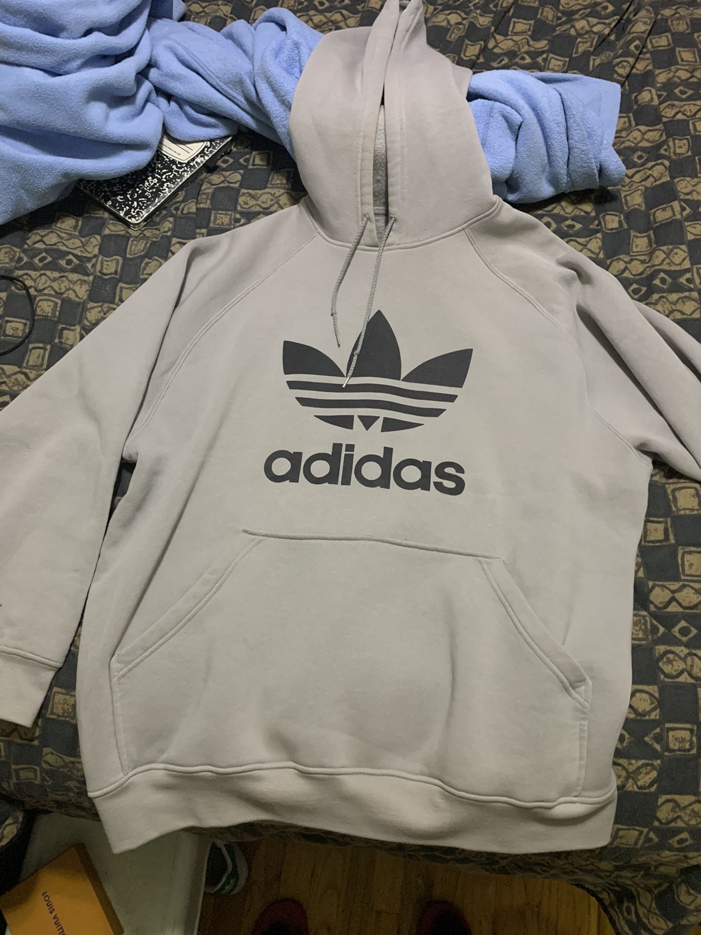 AUTHENTIC Adidas Gray Oversized Fleece Lining Hoodie Double Side Trefoil Print in Large $85 Retail Men Or Women Style Unisex