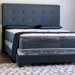 Brand New King Size Dark Grey Linen Bed Frame With New Mattress/Fast Delivery 