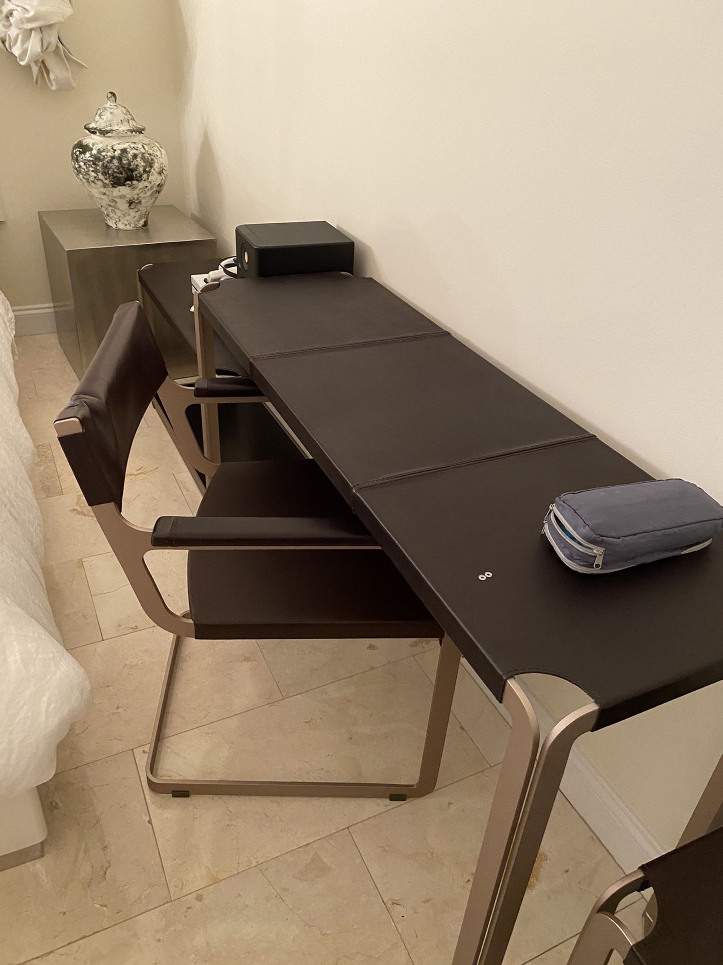 New genuine leather console table desk and chair ret. $4,500