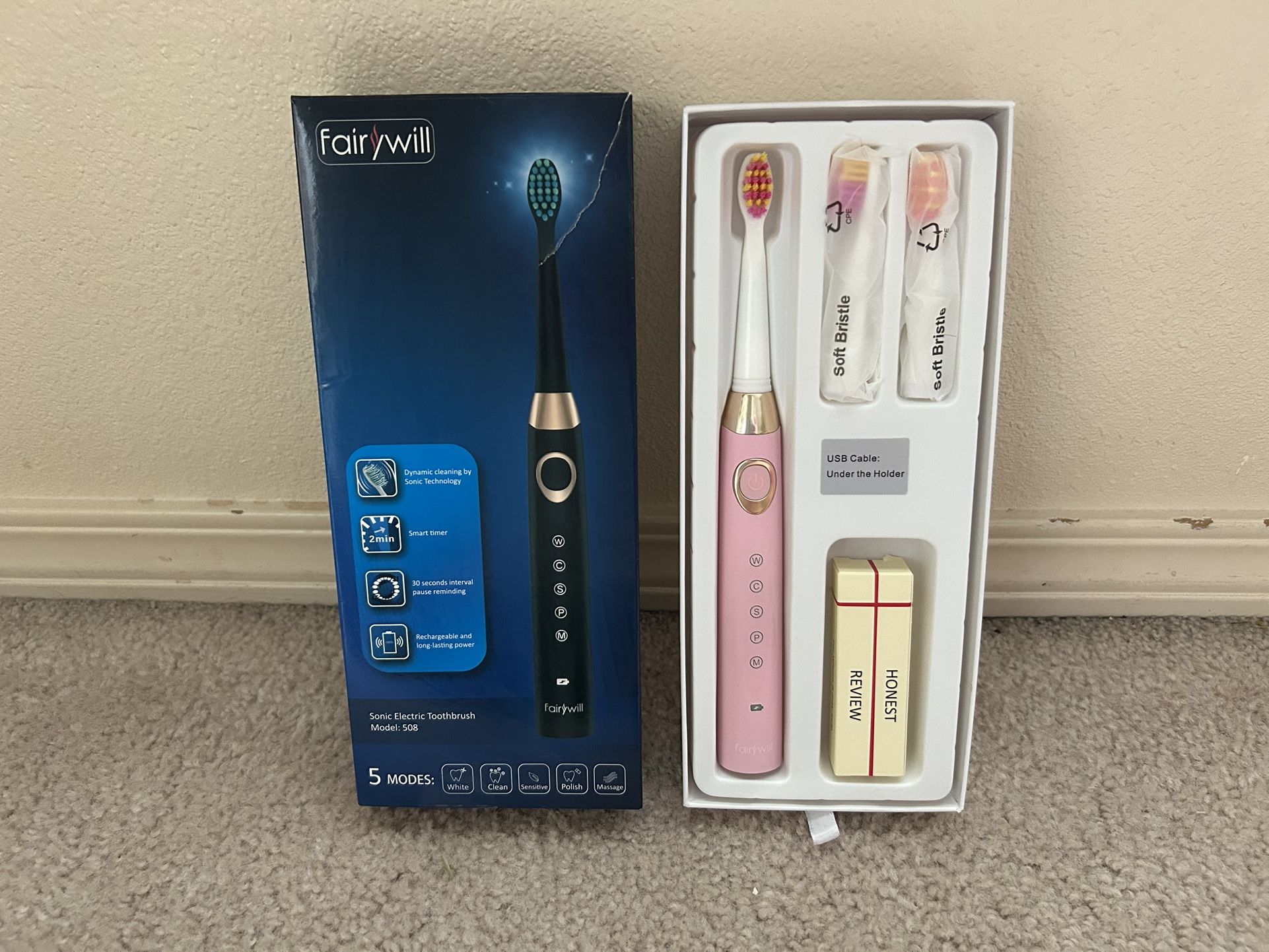 Sonic Electric Toothbrush, 5 Modes, 2 Minute Timer, Pink, Rechargeable 