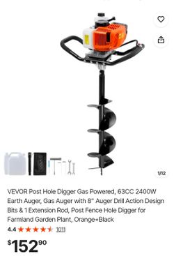 VEVOR Post Hole Digger Gas Powered, 63CC 2400W Earth Auger, Gas Auger with 8” Auger Drill Action Design Bits & 1 Extension Rod, Post Fence Hole Digger