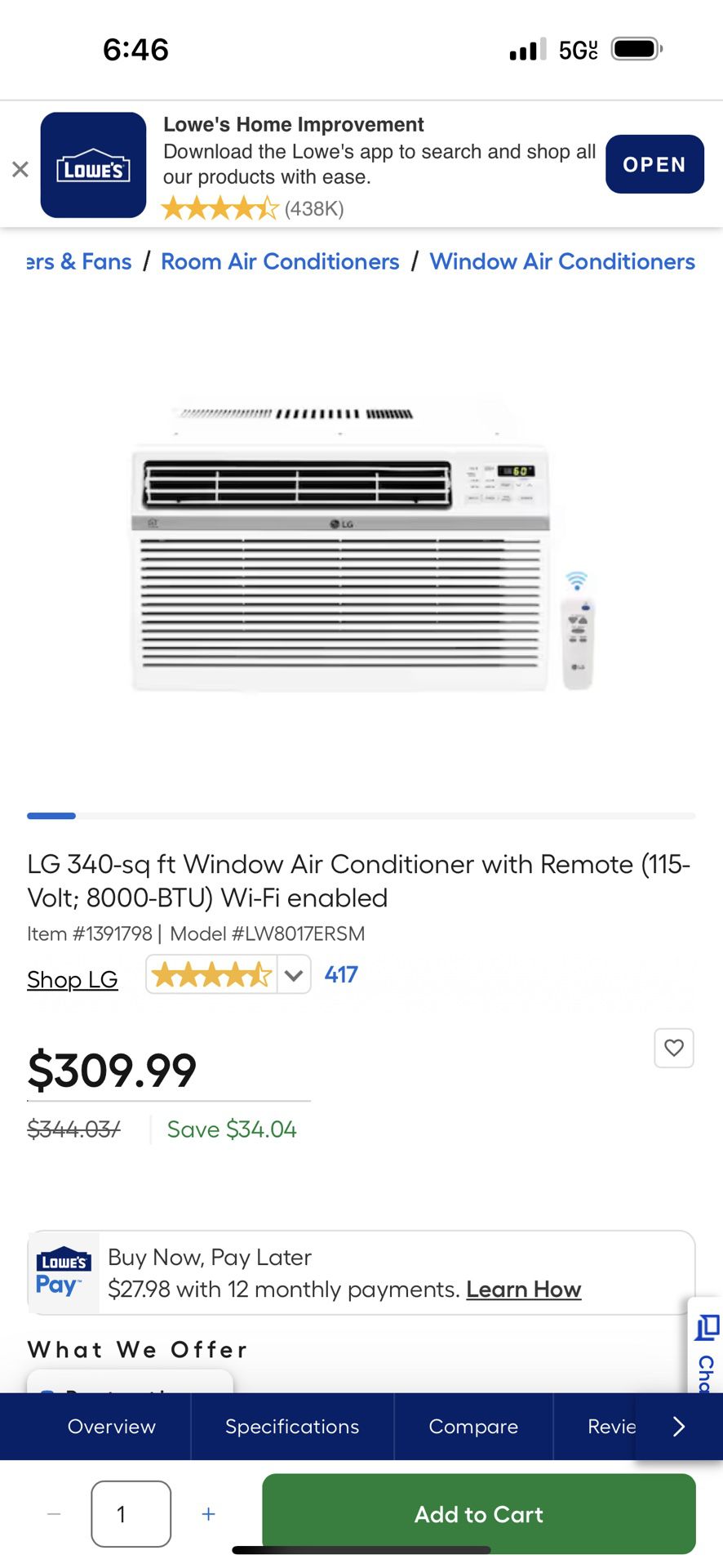 LG 340-sq ft Window Air Conditioner with Remote (115-Volt; 8000-BTU) Wi-Fi enabled