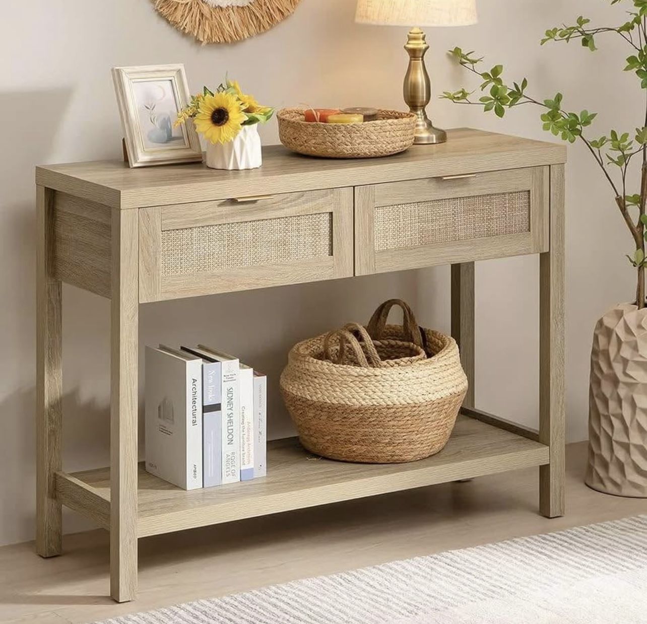 Rattan Console Table for Entryway - Boho Entryway Table with Storage and Drawers, Small Entry Tables for Hallway Behind Couch Table Sofa Table