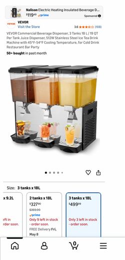 VEVOR Commercial Beverage Dispenser, 3 Tanks 18 L / 19 QT Per Tank Juice Dispenser, 512W Stainless Steel Ice Tea Drink Machine With 45°F-54°F Cooling 