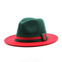 Men Women Two Tone Classic Wide Brim Fedora Hat with Green Red Buckle One Size