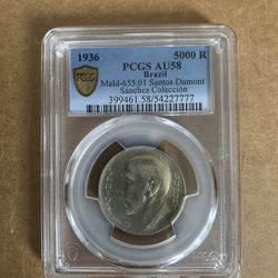 1936 PCGS AU58 5000 R Santos Dumont From The Sanchez Collection  Gold Shield