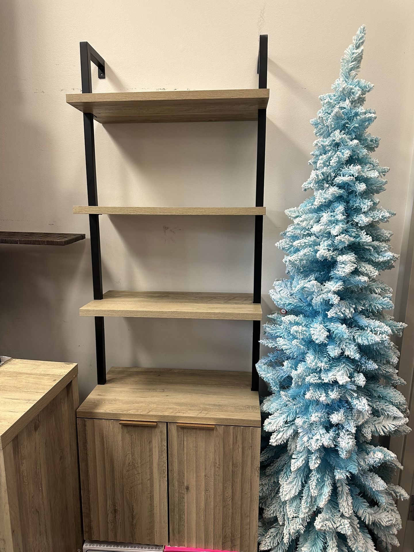 Bookshelf,5 Tier Ladder Bookshelf with Fluted Cabinet, Wall Mounted Bookcase with Open Display Shelf