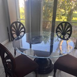 Antique Glass Table Set With 4 Solid Wood Chairs And Solid Wood Base