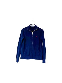 VTG Polo Ralph Lauren Full Zip Sweater Mens Large Blue Knit Mock Neck Red Pony