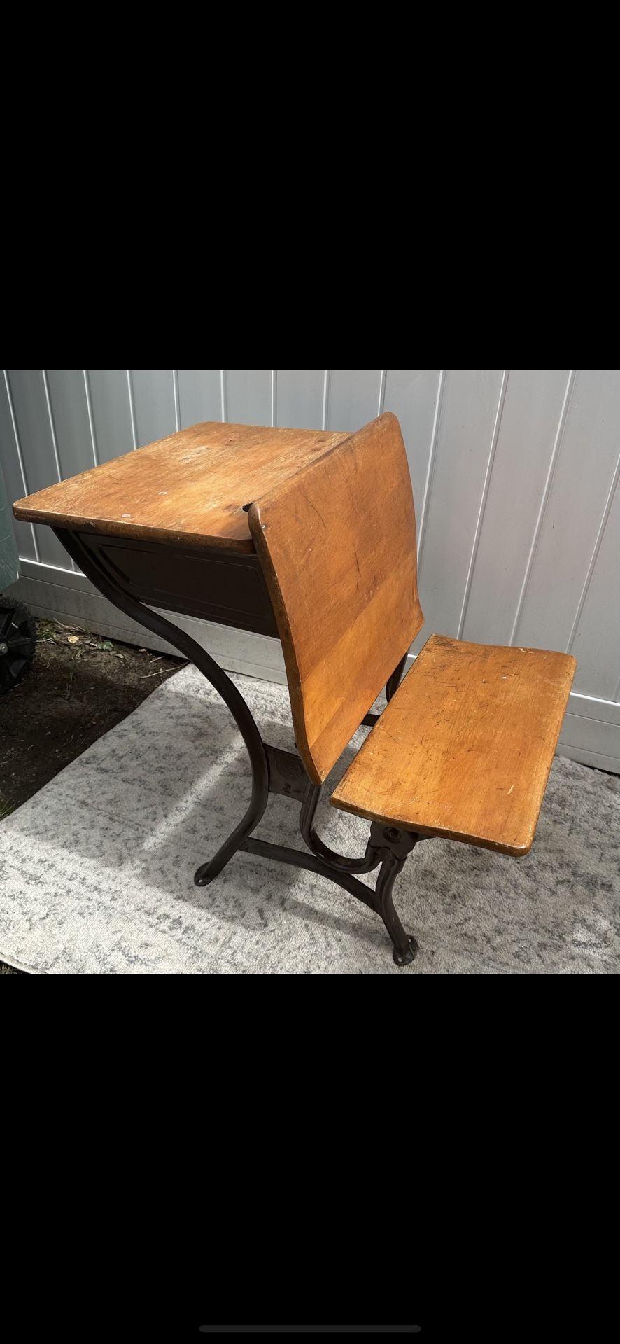 Antique Very Good Condition Childs English Wood and Cast Iron School Desk With Mounted Chair. A True Gem !!!