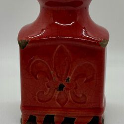 Red Distressed Pottery Jar Fleur-de-lis Decor Vase 5” Tall