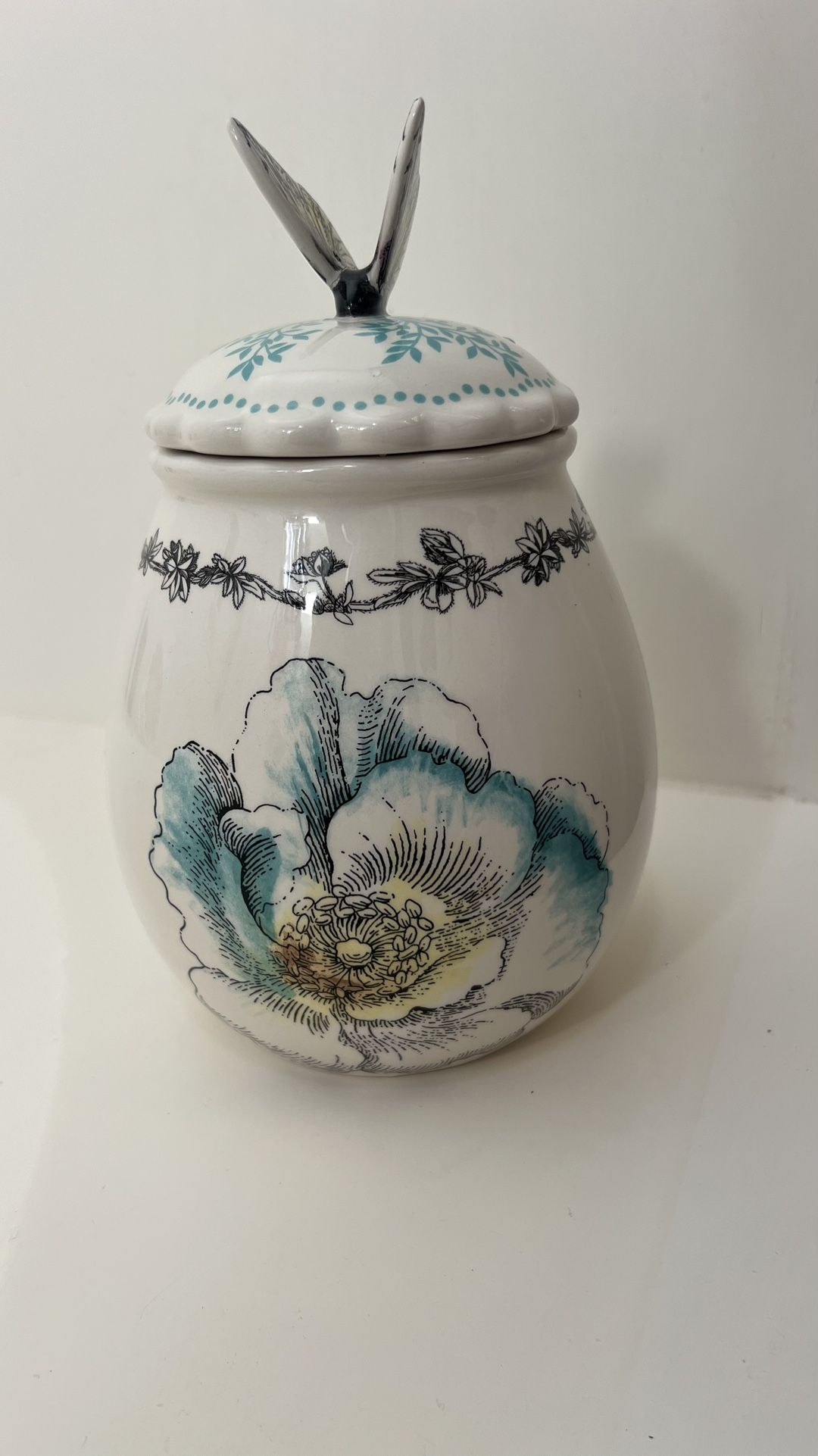 Edie Rose Home Bloom Collection Porcelain Jar with Lid Floral & Butterfly Design