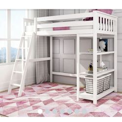 Gorgeous New High Quality White Solid Wood Max & Lily Twin High Loft Bed w/ Bookcase/ Shelving