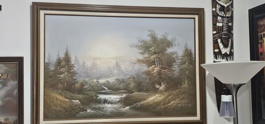 This is a vintage oil painting on canvas depicting a tranquil landscape with a waterfall and forest scene.