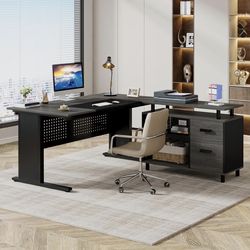 Large Computer Desk with File Cabinet, 63 Inch Executive Desk L Shaped Office Desk with Drawers and Storage Shelves, Business Furniture Desk Workstati