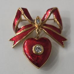 Vintage Bow Brooch with Dangling Heart Trinket Box 