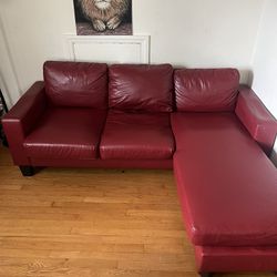 Red Leather L Shape Couch 