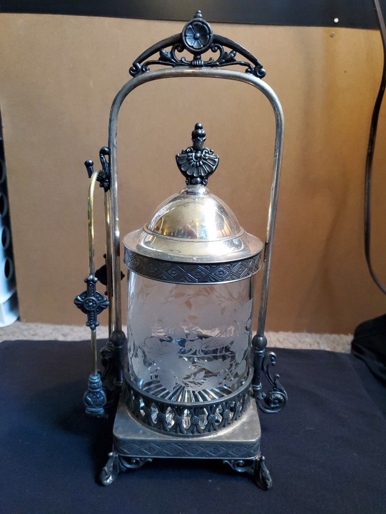 James W. Tufts Quadruple Silver Plated Antique Pickle Castor W/ Etched Glass Jar