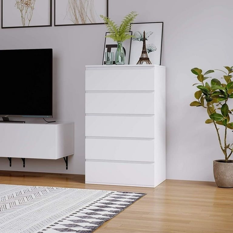 5 Drawer White Dresser, Modern Storage Cabinet for Bedroom, White Chest of Drawers Wood Organizer for Living Room