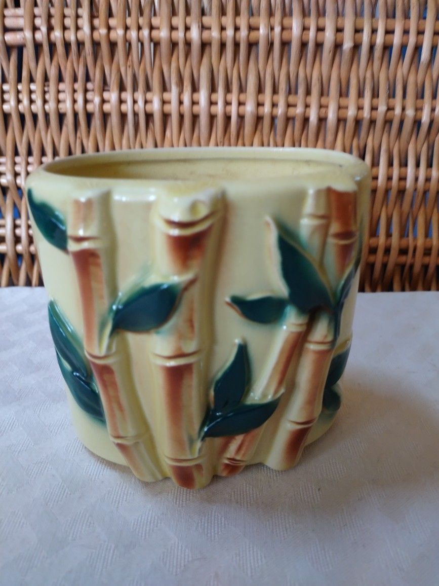 ROYAL COPLEY YELLOW & GREEN BAMBOO PLANTER VTG VASE