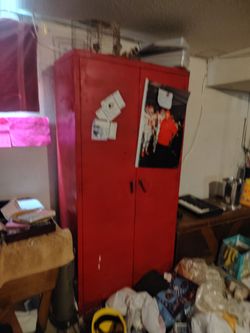 Red Metal Storage Cabinet with Double Doors