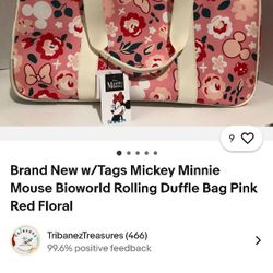 New Mickey Minnie Mouse Bioworld Rolling Duffle Bag Pink Red Floral 
