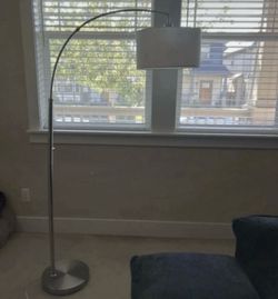 Modern Brushed Steel Arc Floor Lamp w/ White Drum Fabric Shade