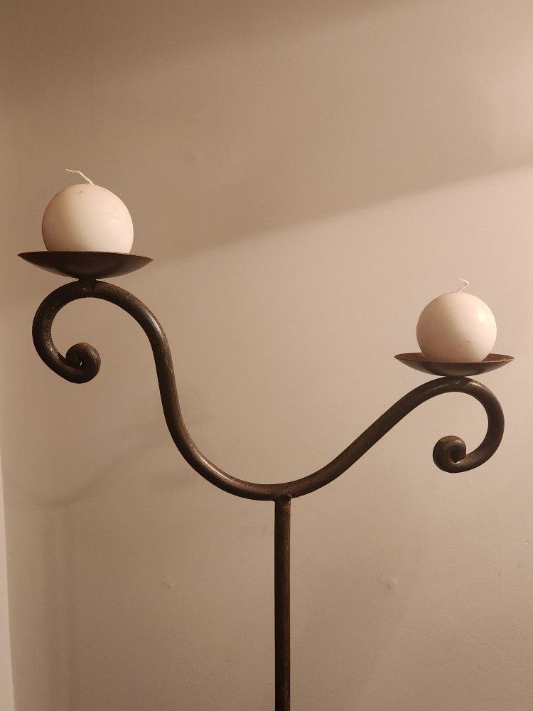 Vintage Mid Century 67-3/4" Tall Wrought Iron Duo Candle Holder with Sun