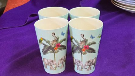 Set of 4 Harvest Green Studio Bamboo BPA Tumbler Cup Safari Elephant Lemur Palm 16 Oz. A68M002