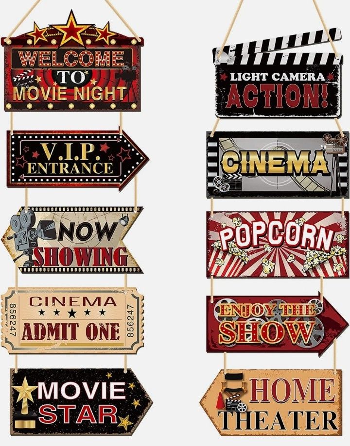 Home Theater Wooden & Metal Hanging Decor, Vintage, Cinema, Movies, Film, Camera