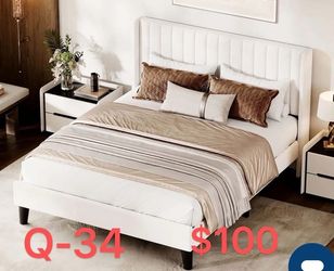 (Q-34)Garvee Modern Soft Platform Bed Set - Queen Size, Vertical Channel Tufted Wingback Headboard, Wooden Slats