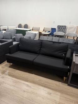 70”Loveseat Sofa Couch, Linen Fabric 2-Seater with Deep Seat & USB-C, 70" Modern Small Couch for Living Room Bedroom Office Apartment, Wood Legs,Black