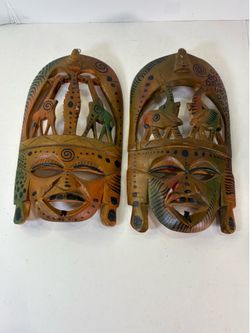 Hand Carved Wooden African Mask Set Giraffe Elephant Tribal Wall Art 2pc
