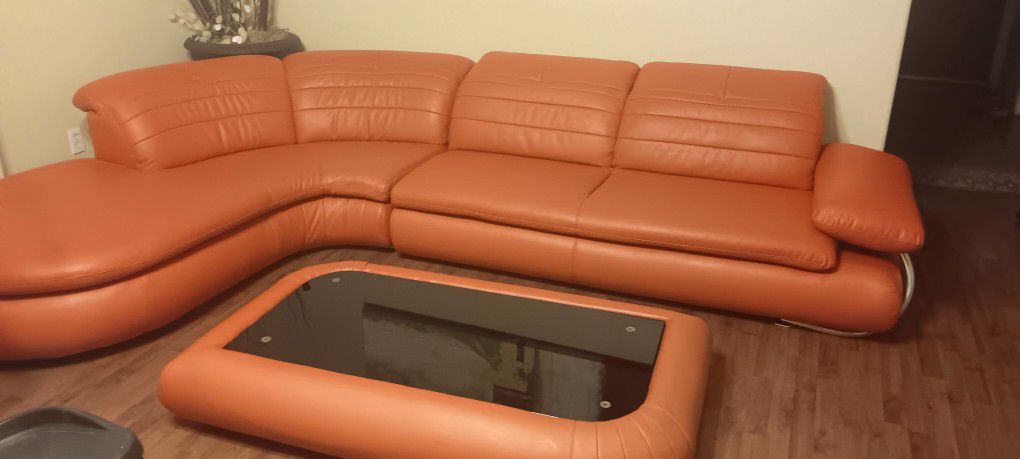Red Leather Contemporary Sectional Couch & Table