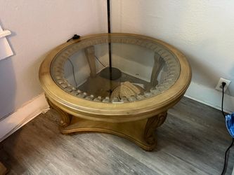 Wood table set with glass center