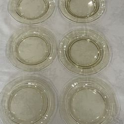 Set of 6 1920s Fostoria Trojan Topaz amber glass bread and butter plates. 7.5”