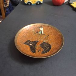 Vintage Mid 20th Century Enameled Brass Decorative Dish With  native American Figure Riding A Bear Made In India 6"W X 1.5"H